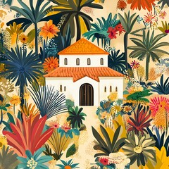 Wall Mural - Tropical Garden With A White House