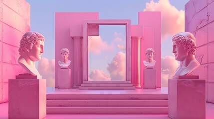 Wall Mural - Pink Surreal 3D Render with Greek Busts and Archway