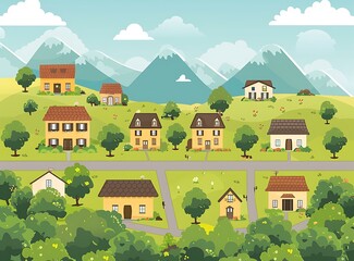 Sticker - Colorful Cartoon Illustration of a Small Town with Houses and Mountains