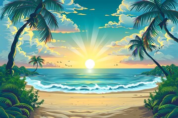 Sticker - Tropical Beach Sunset Illustration