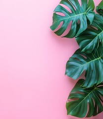 Canvas Print - Tropical Green Monstera Leaves on Pink Background