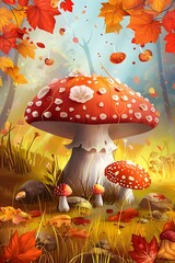 Poster - Autumn Forest with Red and White Mushrooms