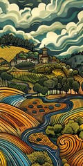 Wall Mural - Illustration of a Landscape with a River and a Church