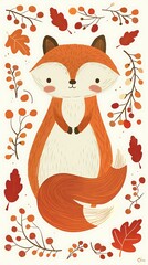 Sticker - Cute Fox Illustration with Fall Leaves and Berries