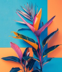 Sticker - Tropical Leaves On A Blue And Orange Background