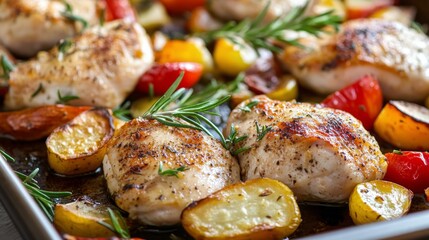 Savory roasted chicken with vibrant vegetables prepared on a baking tray in a cozy kitchen setting