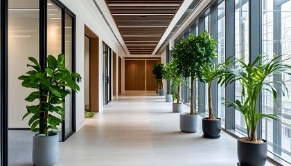 Wall Mural - Modern office hallway featuring sleek furniture and a potted plant in a clean, minimalist workspace environment