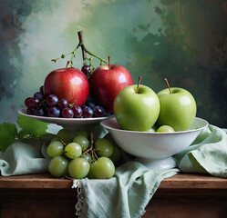 Wall Mural - abstract, airy and modern still life with simple elements, red and green apples and bunch of grapes with leaves in impressionist style 