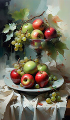 Wall Mural - abstract, airy and modern still life with simple elements, red and green apples and bunch of grapes with leaves in impressionist style 