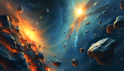 Wall Mural - Cosmic Journey: Fire and Rock of Asteroids in Space, Alien Encounters and Speeding Objects Orbiting Planets in the Futuristic Galaxy