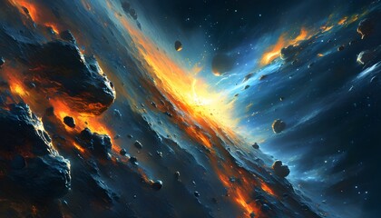 Wall Mural - Cosmic Journey: Fire and Rock of Asteroids in Space, Alien Encounters and Speeding Objects Orbiting Planets in the Futuristic Galaxy