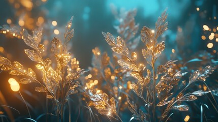 A glowing 3D garden of metallic plants swaying gently in a surreal landscape.