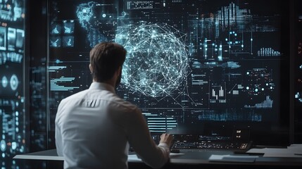 Poster - Man in a White Shirt Working on a Computer with a Network Globe Displayed on the Screen