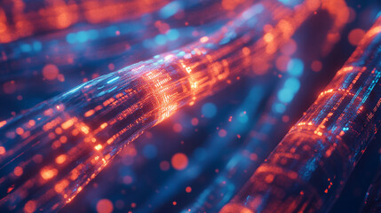 Poster - Vibrant network of glowing cables transmitting data through a dark background at night