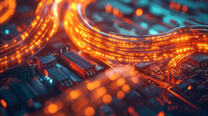 Aufkleber - Glowing circuit board with illuminated pathways in a technology-driven environment during twilight
