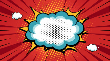 Pop art splash background, explosion in comics book style, blank layout template with halftone dots, clouds beams and isolated dots pattern on red backdrop. Vector template for ad, covers, posters..