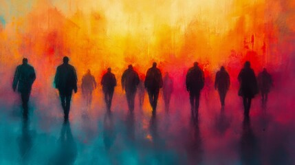 Wall Mural - Three silhouettes walking through colorful fog at dawn, creating a mystic atmosphere