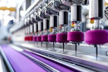 Close-up of a Textile Manufacturing Machine with Purple Yarns