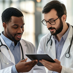 two multiethnic gp professionals collaborating, examining information on tablet, review patient info