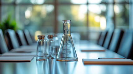 Laboratory glassware arranged on a conference table in a well-lit office environment