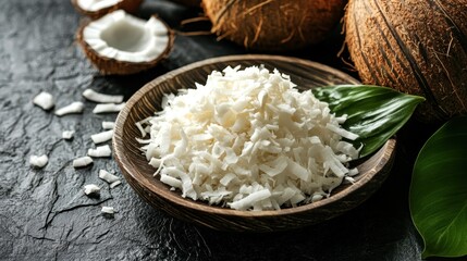 Wall Mural - Coconut flakes in wooden bowl closeup view