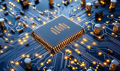 Poster - Intricate Blue Micro-Circuit Design, a close-up view of a complex electronic circuit with vibrant blue pathways and detailed components.
