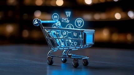 Poster - Futuristic digital shopping cart amidst advanced technology, vibrant colors, sleek design, showcasing modern consumerism and innovation.
