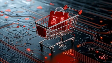 Poster - Futuristic Digital Shopping Cart in a High-Tech Environment, sleek design, vibrant colors, advanced interface, innovative shopping experience