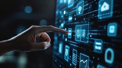 Poster - A futuristic concept of online financial transactions, with a hand pointing toward a digital banking graphic on a virtual screen.