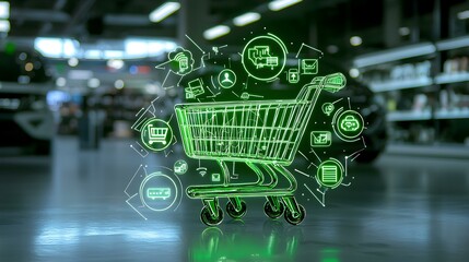 Poster - Futuristic Shopping Cart, A sleek digital shopping cart surrounded by advanced technology, showcasing innovation in retail experience.