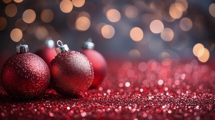 Sparkling red Christmas ornaments on glittering surface with bokeh lights in festive ambiance