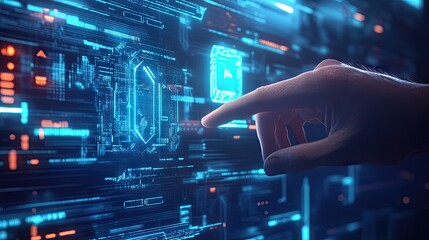 Poster - A futuristic scene of a hand hovering over a virtual banking interface, highlighting digital financial transactions in a glowing blue interface.