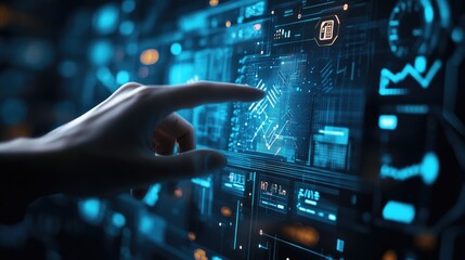 Poster - A futuristic scene of a hand hovering over a virtual banking interface, highlighting digital financial transactions in a glowing blue interface.