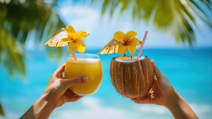 Wall Mural - Tasty coconut drink with straw in hand in hot tropical summer