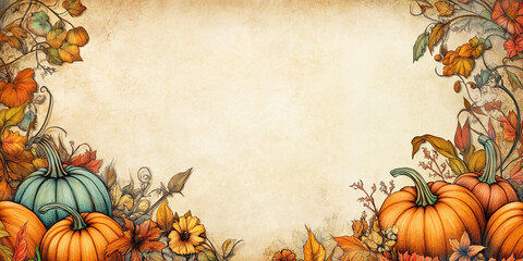 Wall Mural - Retro Pumpkin and Leaf Illustration: Vintage-style frame background