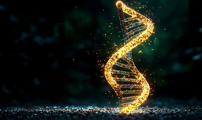 Poster - Radiant DNA Helix, a luminous double helix strand suspended in a dark void, symbolizing the essence of life and genetic mystery.