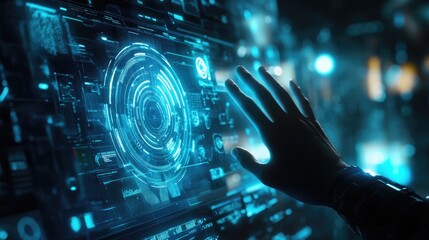 Poster - A futuristic scene of a hand hovering over a virtual banking interface, highlighting digital financial transactions in a glowing blue interface.