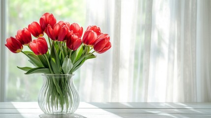 Bright red tulips in a glass vase on a white table beside a sunny window during springtime