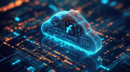 Poster - A glowing bank symbol in a futuristic digital network, representing online financial services, data storage in the cloud, and secure digital transactions.