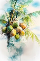 Wall Mural - Coconut fruit on tree with leaf closeup view