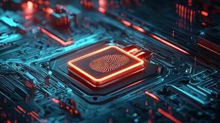 Poster - A glowing digital padlock on a high-tech interface, with a fingerprint scanner, showcasing personal identity verification and information protection.