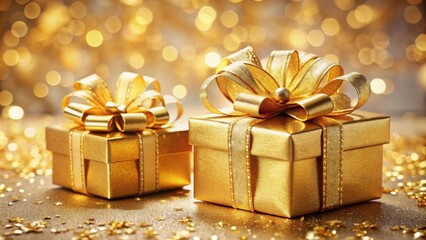 Golden gift boxes with festive ribbon and bow in a bright holiday setting, perfect for celebrations and special events