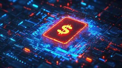 Poster - A glowing digital wallet icon surrounded by a network of data points, symbolizing the secure exchange of money in online financial systems.