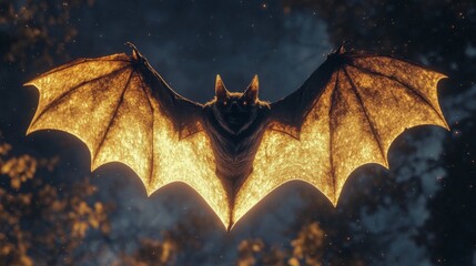 Wall Mural - A large bat flying through a misty forest during twilight in a mysterious atmosphere