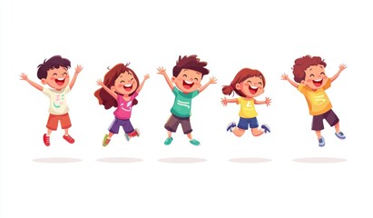 Group of children jumping and laughing together on a white background. Simple style illustration. Cute and dreamy colorful cartoon characters with happy expressions. Vector file has clean lines 