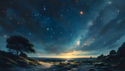 Wall Mural - Stunning Night Sky Landscape Featuring Stars in a Dark Background, Perfect for Stargazing and Astronomy Enthusiasts