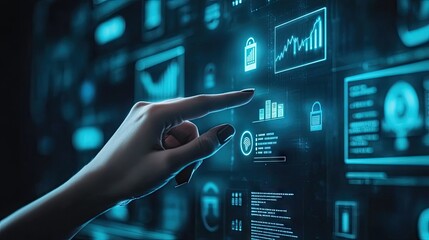 Poster - A hand pointing toward a holographic virtual bank interface, representing digital financial services and online transactions.