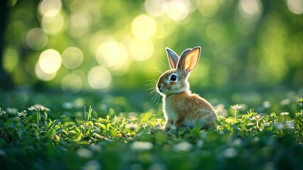Poster - A rabbit is sitting in a grassy field