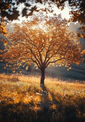 Poster - A solitary autumn tree illuminated by the warm glow of sunset in a tranquil field