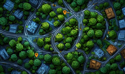 Poster - Colorful Illustrated Map with Markers, detailed representation of landmarks and routes, vibrant colors guide exploration and navigation.